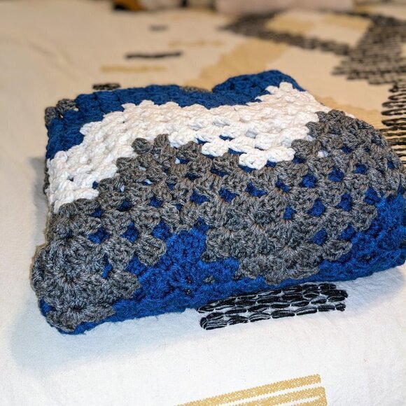 Chevron Crochet Afghan Blanket in Blue White & Grey - Picture 6 of 7